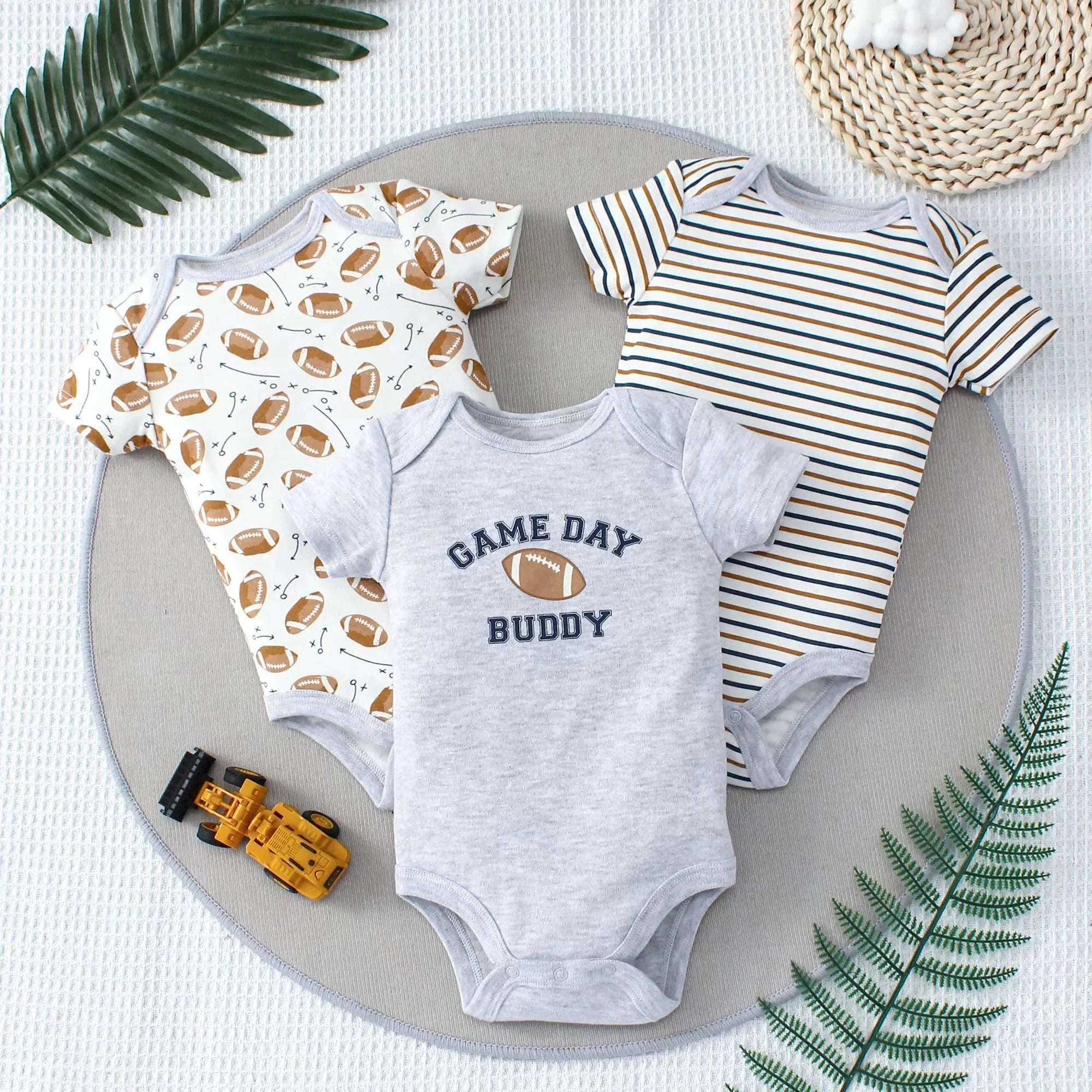 3PCS Summer Baby Bodysuit Three piece Set with Cartoon Dinosaur Pattern and Stripe Pattern Button Design for 0-9 Months Old Boys Econic Blanks