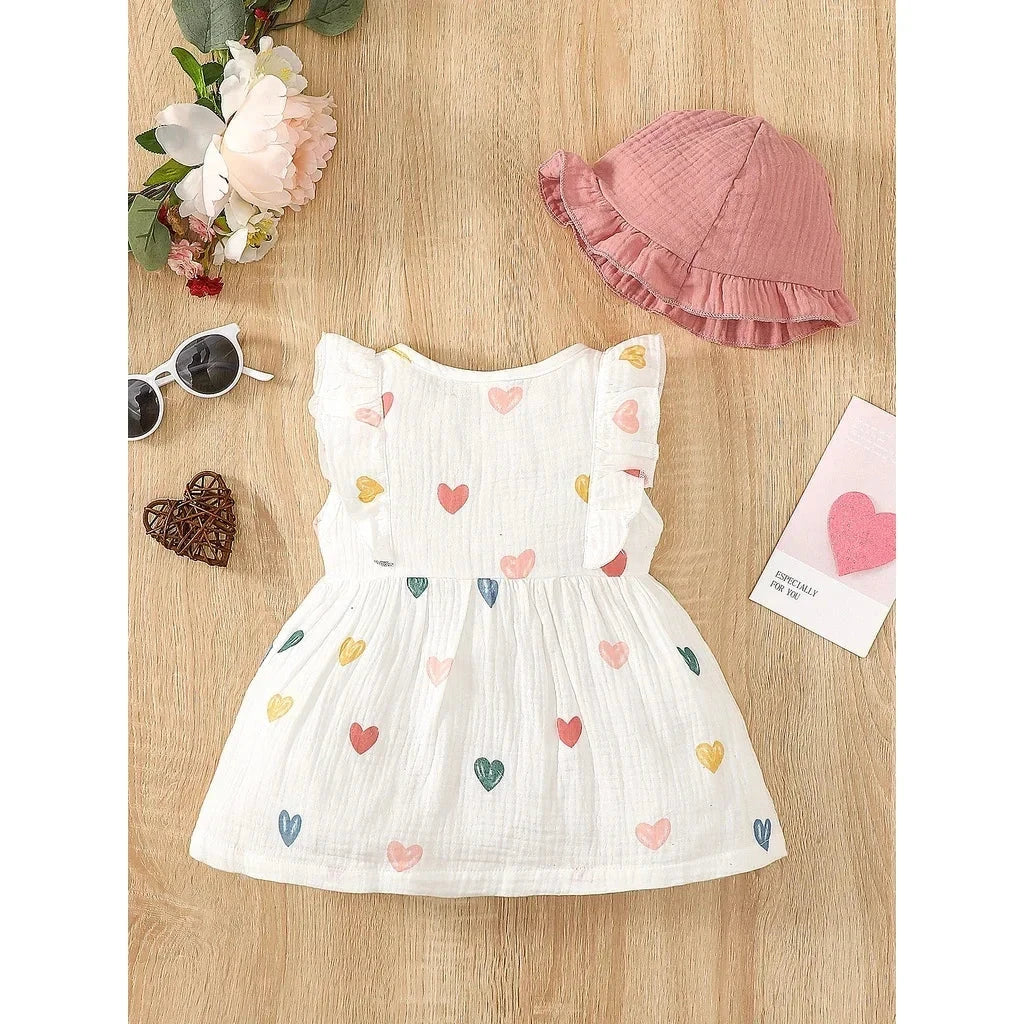 2PCS Dress Clothes Set Newborn Baby Girl Love Print Sleeveless Dress With Hat Summer Fashion Cute Wear for Infant Girl 0-9Months Econic Blanks