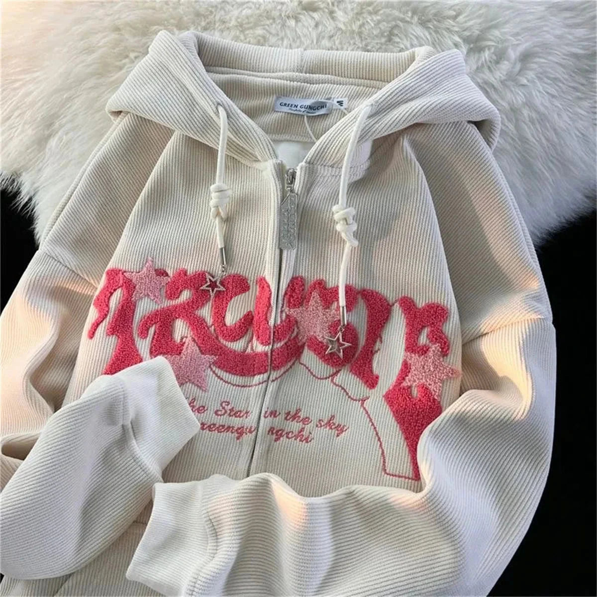 Fashion Embroidery Zip Up Hoodies Women Autumn Long Sleeve Tops Loose Hood Shirt Harajuku Y2K Clothes Female Sweatshirt Jacket Econic Blanks