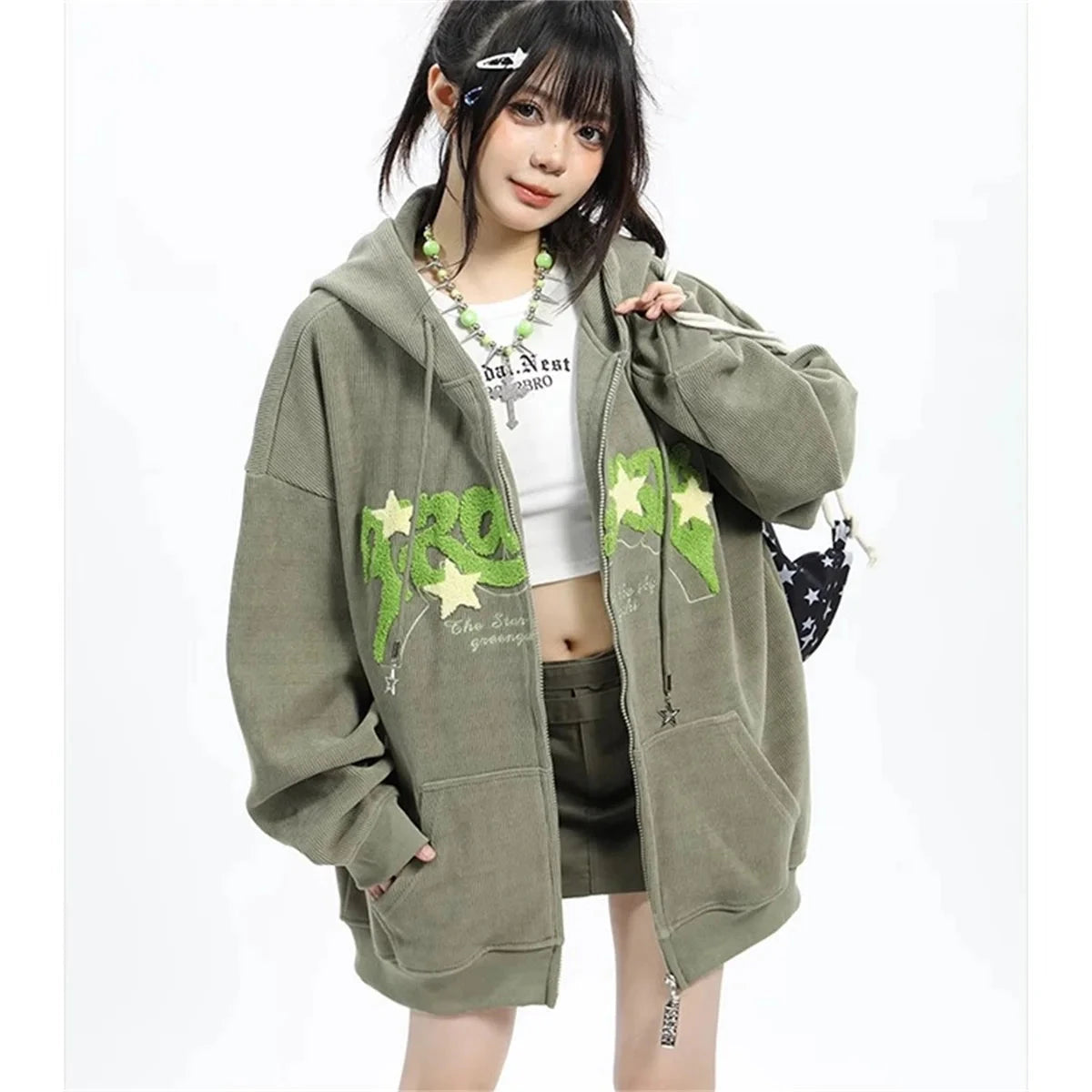 Fashion Embroidery Zip Up Hoodies Women Autumn Long Sleeve Tops Loose Hood Shirt Harajuku Y2K Clothes Female Sweatshirt Jacket Econic Blanks