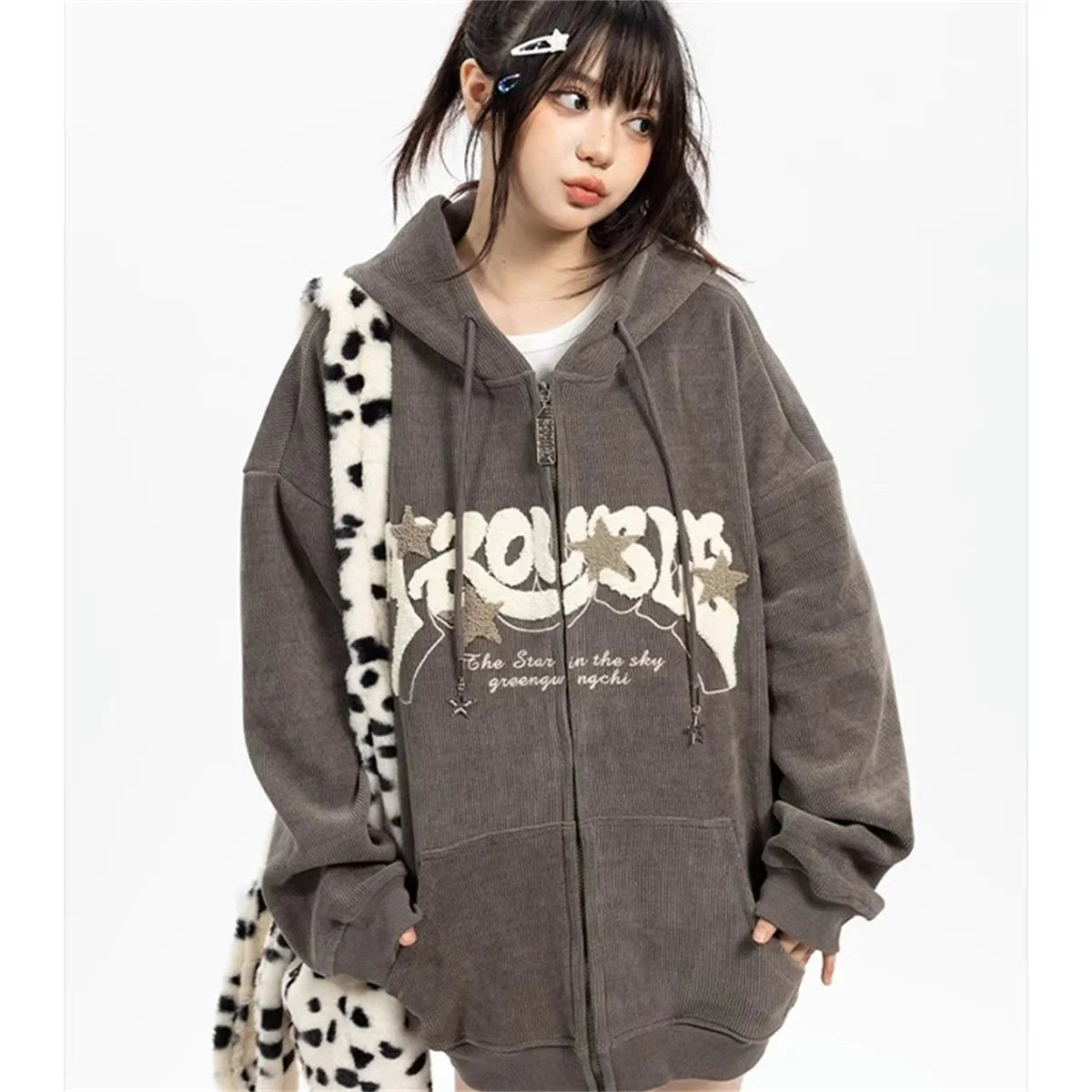 Fashion Embroidery Zip Up Hoodies Women Autumn Long Sleeve Tops Loose Hood Shirt Harajuku Y2K Clothes Female Sweatshirt Jacket Econic Blanks