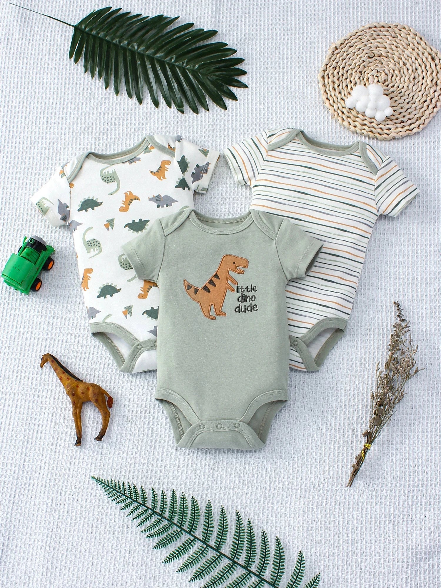 3PCS Summer Baby Bodysuit Three piece Set with Cartoon Dinosaur Pattern and Stripe Pattern Button Design for 0-9 Months Old Boys Econic Blanks