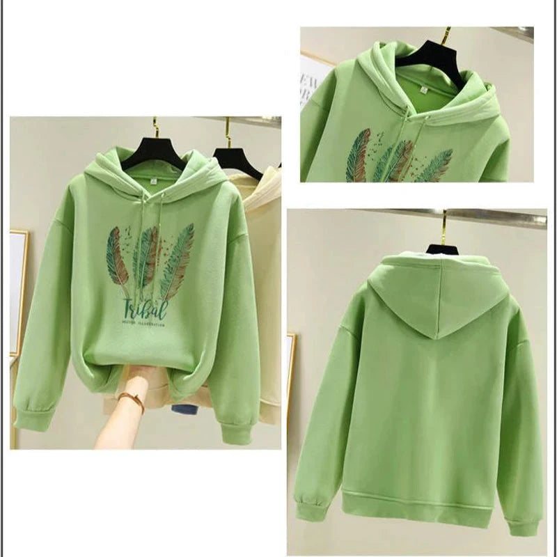 Women Fashion Feather Printed Hoodies Autumn Winter Plus Velvet Casual Loose Sweatshirt Econic Blanks