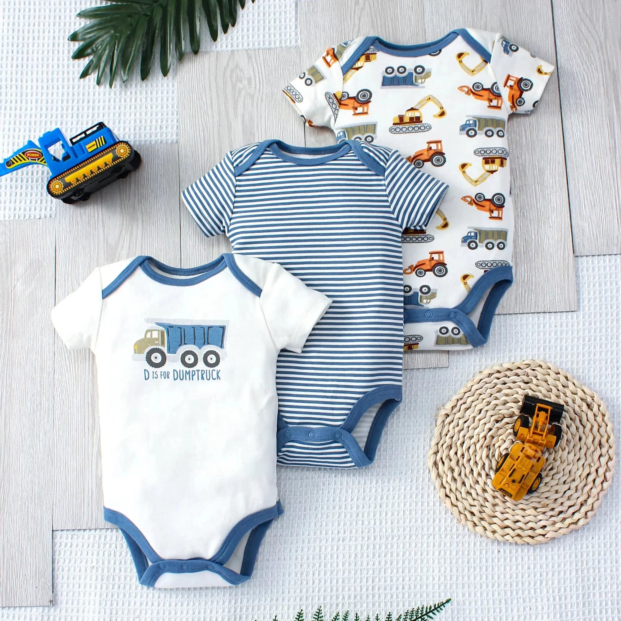 3PCS Summer Baby Bodysuit Three piece Set with Cartoon Dinosaur Pattern and Stripe Pattern Button Design for 0-9 Months Old Boys Econic Blanks