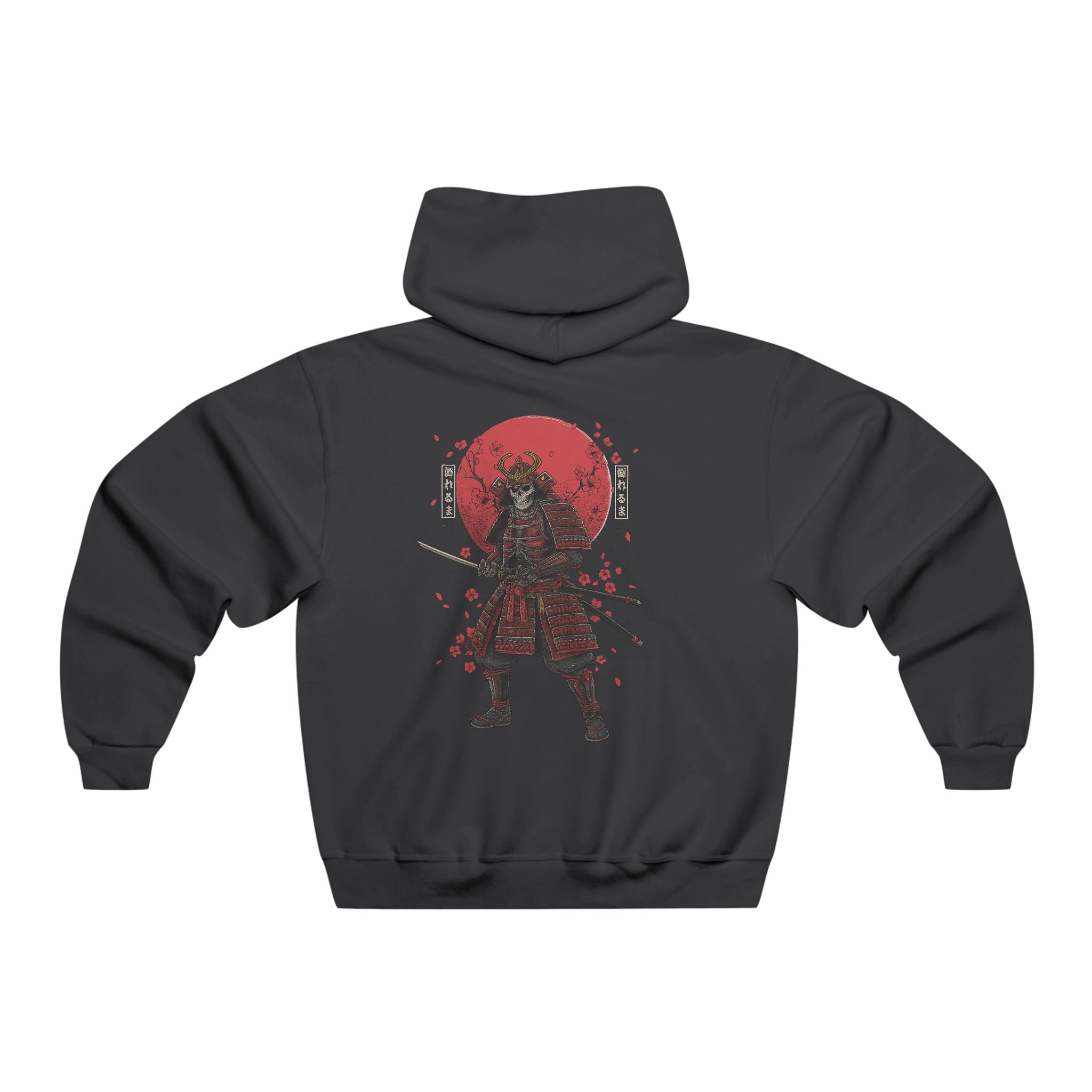 Black hoodie with red and white graphic design on the back