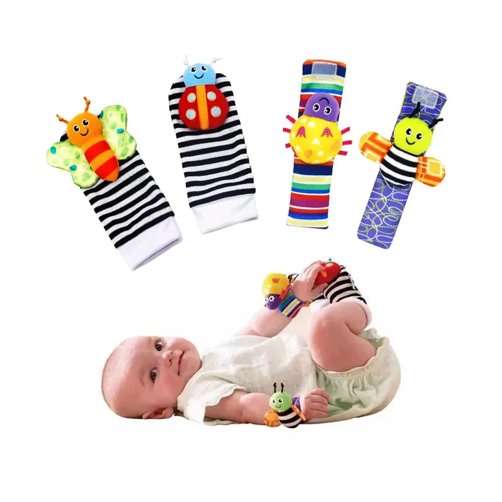 4Pcs Baby Toy 0-12 Months Baby Rattles Toys Animal Socks Wrist Strap + Rattle Baby Foot Socks Bug Wrist Strap Baby Socks New Econic Blanks