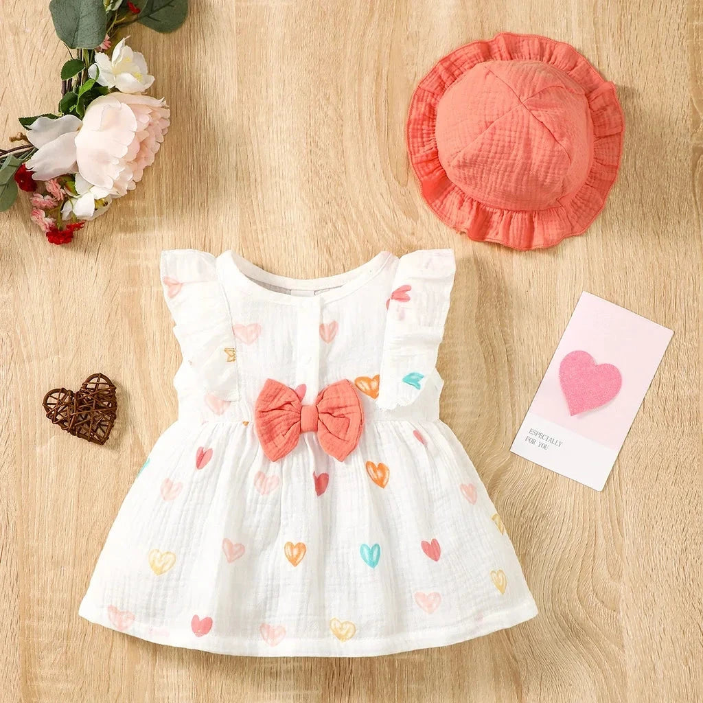 2PCS Dress Clothes Set Newborn Baby Girl Love Print Sleeveless Dress With Hat Summer Fashion Cute Wear for Infant Girl 0-9Months Econic Blanks