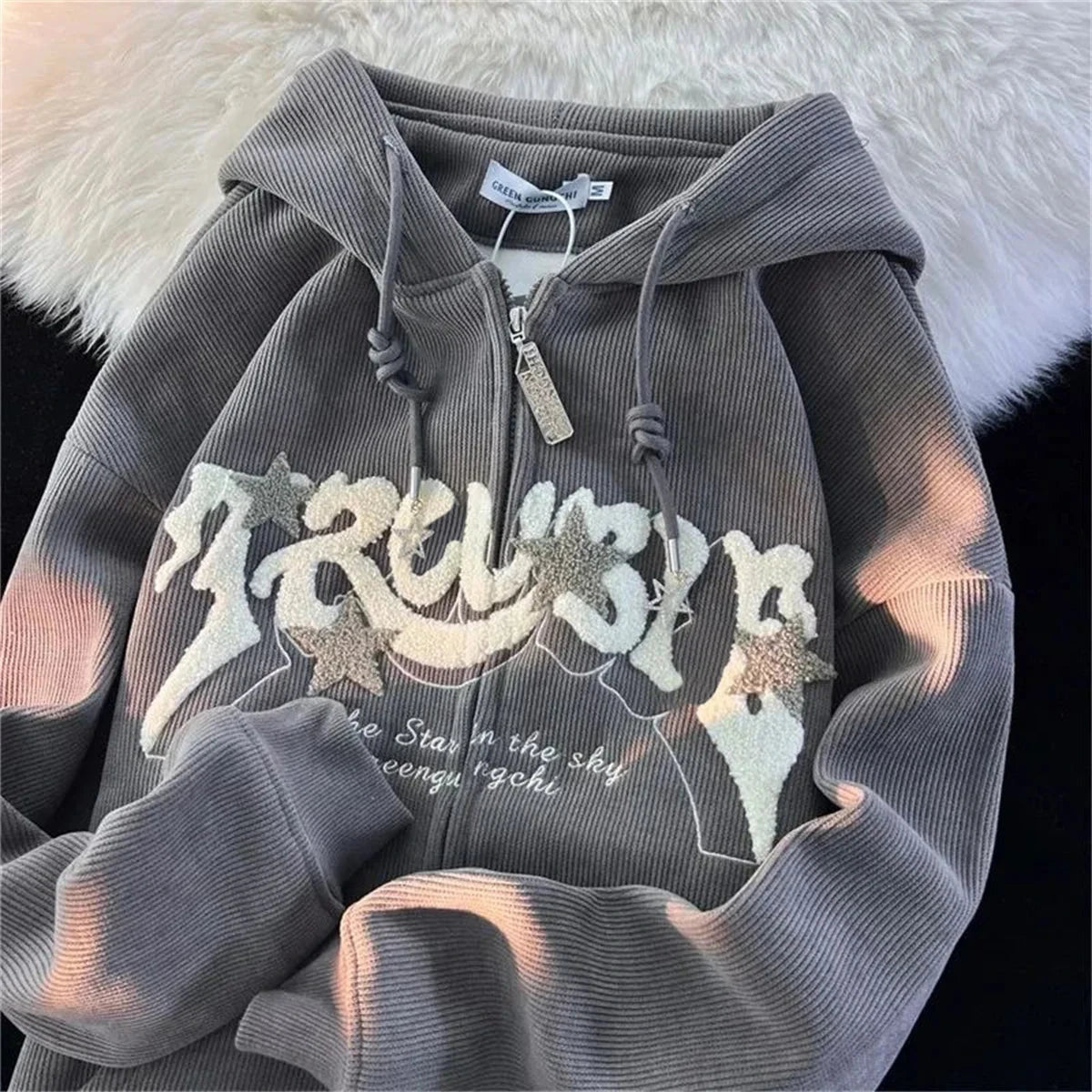 Fashion Embroidery Zip Up Hoodies Women Autumn Long Sleeve Tops Loose Hood Shirt Harajuku Y2K Clothes Female Sweatshirt Jacket Econic Blanks