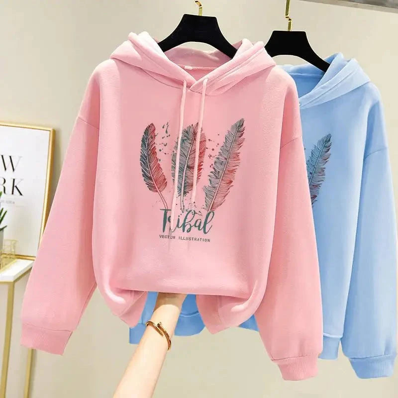 Women Fashion Feather Printed Hoodies Autumn Winter Plus Velvet Casual Loose Sweatshirt Econic Blanks