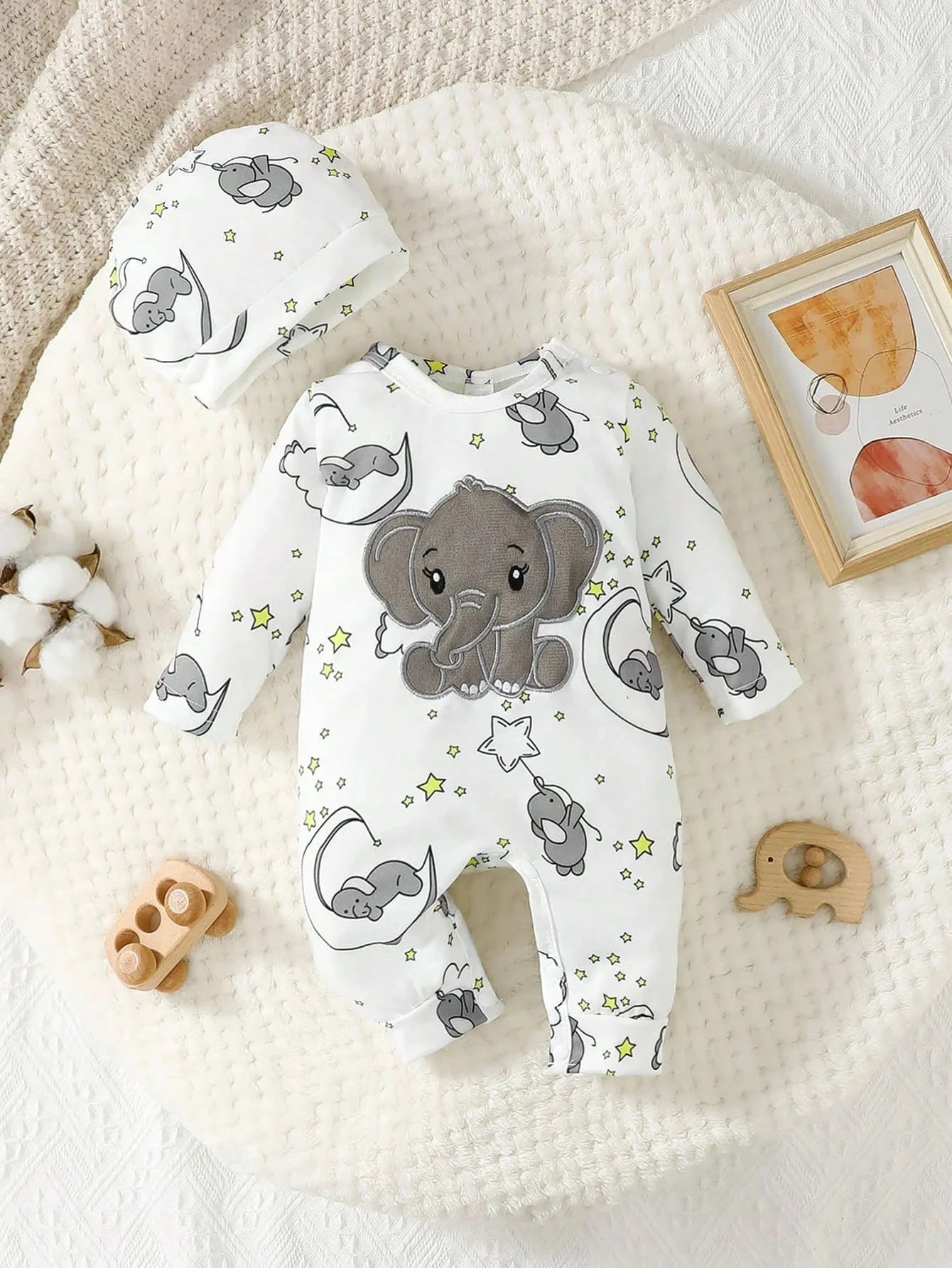 2pcs Baby Cute Cartoon Elephant Pattern Embroidery Long Sleeve Romper With Hat Econic Blanks