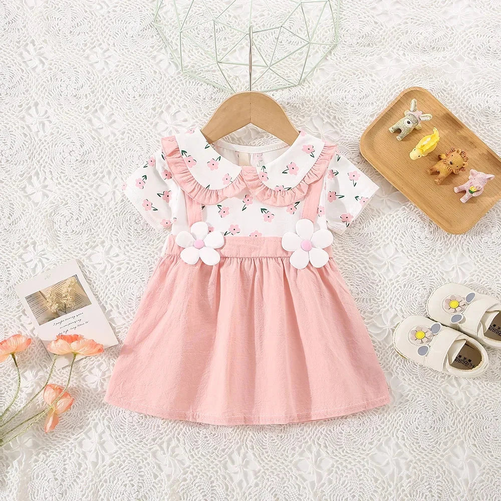 (0-3 Years Old) Summer Baby Girl Cotton Flower Fake Two-Piece Shoulder Strap Dress Girl Cute Short Sleeved Dress Econic Blanks