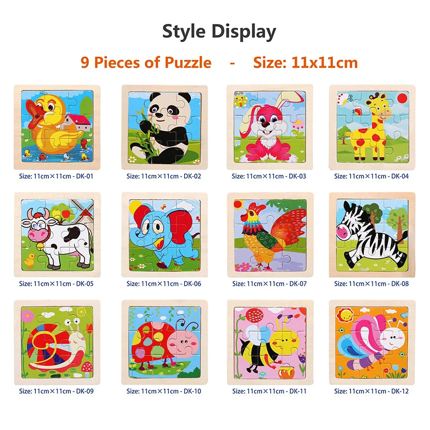 11cm/4.33in Kids Wooden Jigsaw Puzzle Games Cartoon Animal Vehicle Pattern Children Montessori Educational Toys Econic Blanks