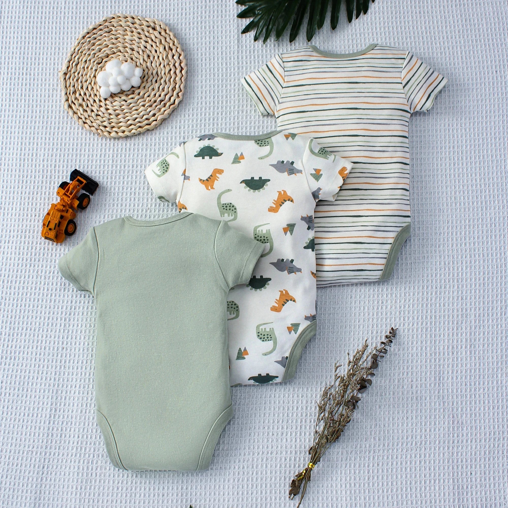 3PCS Summer Baby Bodysuit Three piece Set with Cartoon Dinosaur Pattern and Stripe Pattern Button Design for 0-9 Months Old Boys Econic Blanks