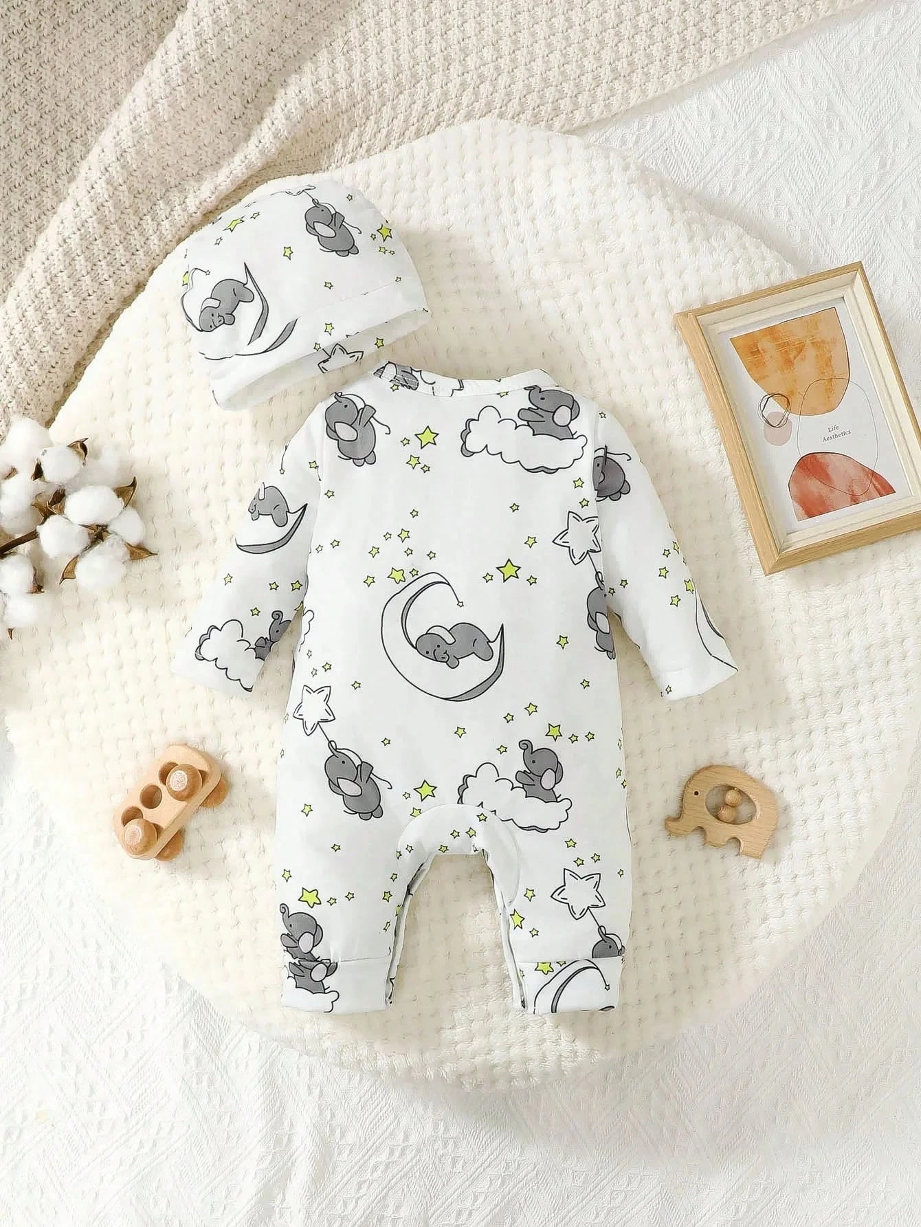 2pcs Baby Cute Cartoon Elephant Pattern Embroidery Long Sleeve Romper With Hat Econic Blanks