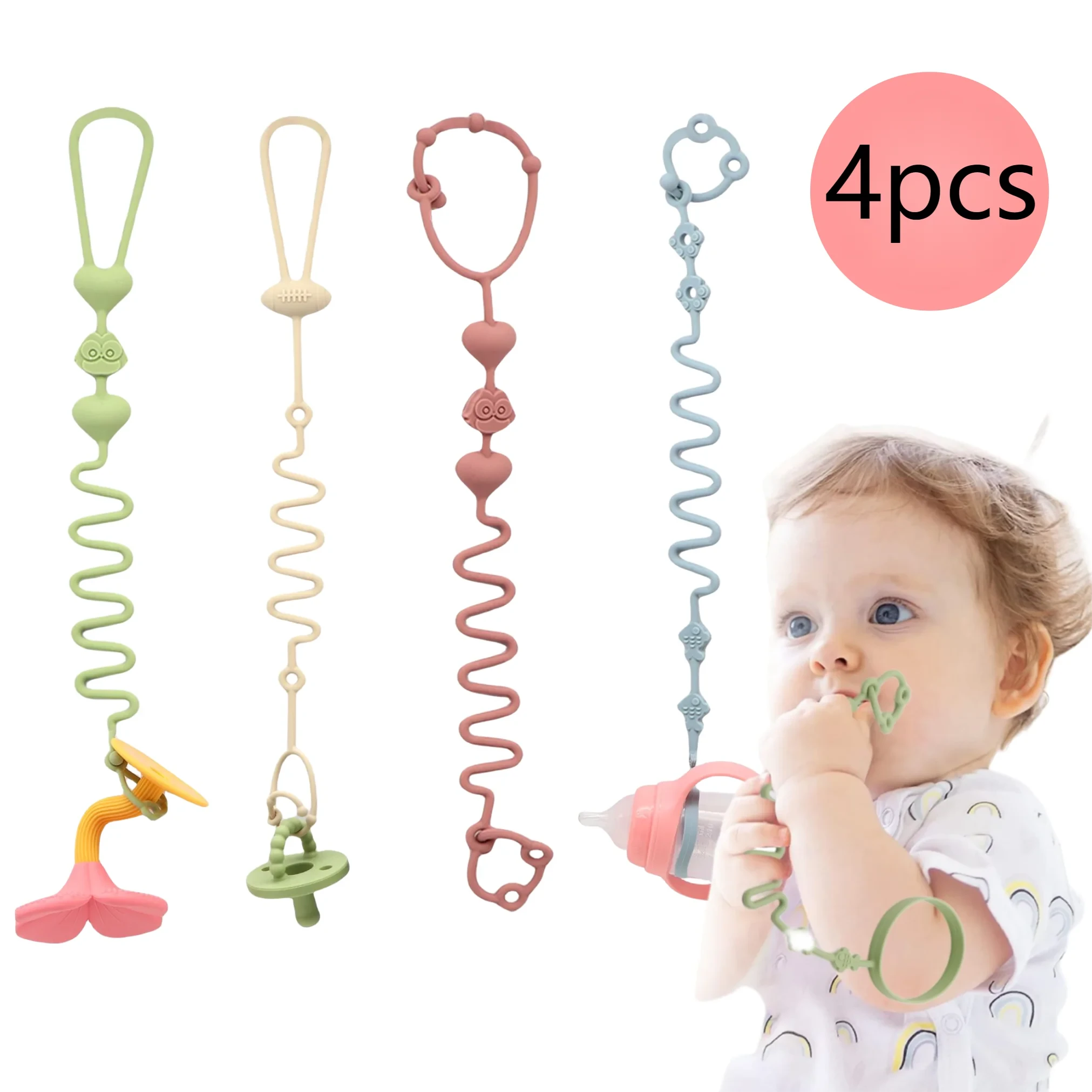 4pcs Adjustable Silicone Pacifier Chain, Teether Toys, Suitable for High Chair, Crib, Baby Gifts,beige Econic Blanks