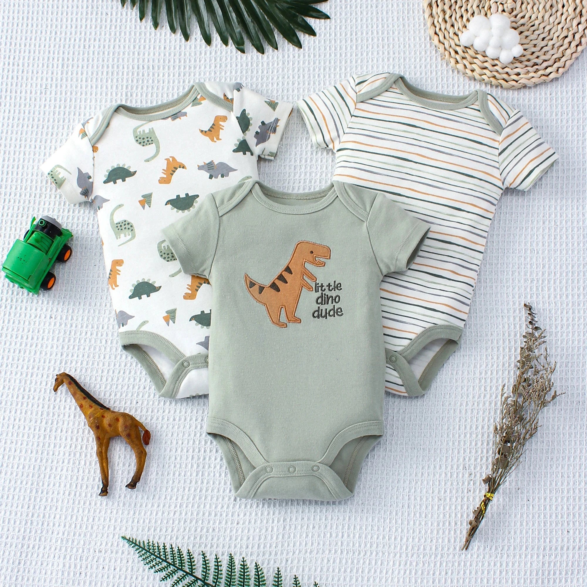 3PCS Summer Baby Bodysuit Three piece Set with Cartoon Dinosaur Pattern and Stripe Pattern Button Design for 0-9 Months Old Boys Econic Blanks