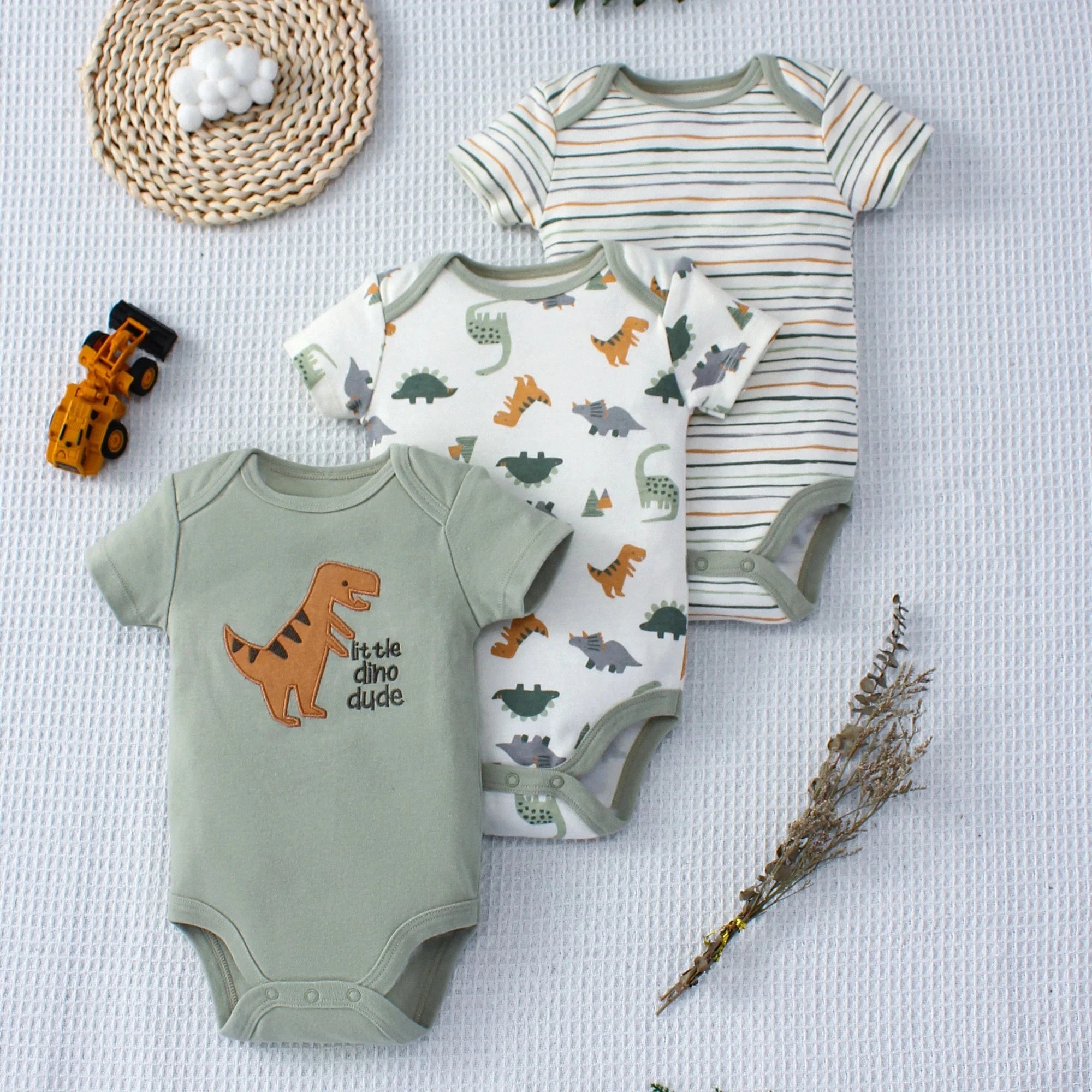 3PCS Summer Baby Bodysuit Three piece Set with Cartoon Dinosaur Pattern and Stripe Pattern Button Design for 0-9 Months Old Boys Econic Blanks